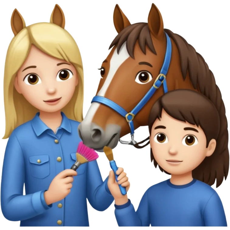two children grooming a horse] emoji