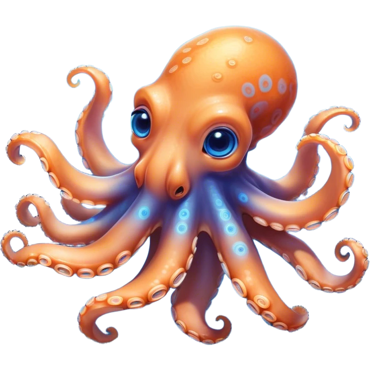 Cinematic Cute Octopus Portrait Emoji, Head tilted playfully and inquisitively, featuring a rounded, light orange body embellished with playful blue rings, eight adorably curling arms, and big, twinkling eyes full of wonder, Simplified yet irresistibly adorable features, highly detailed, glowing with a warm, inviting underwater glow, high shine, affectionate and lively, stylized with a touch of whimsical cartoon charm, soft glowing outline, capturing the essence of a mischievous yet loving octopus that seems as if it could bob out of the screen into your arms! emoji
