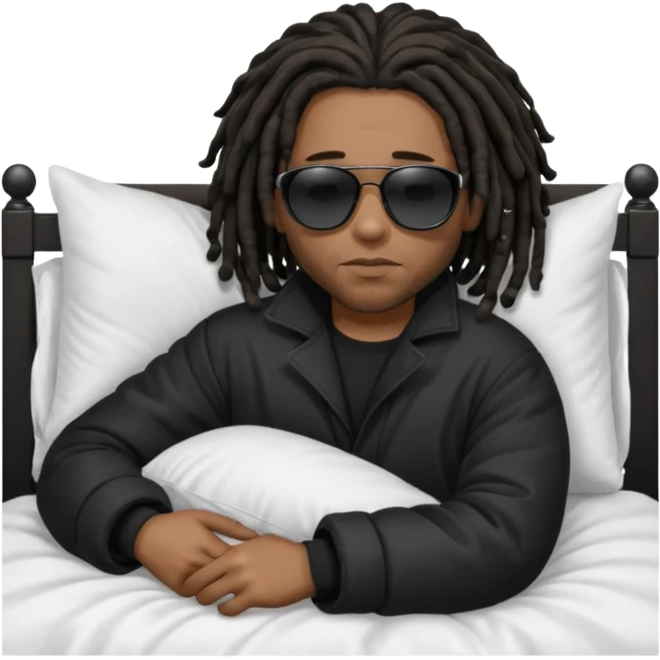 African American man with shoulder length black dreadlocks wearing black sunglasses with black bubble winter coat sleeping in bed emoji