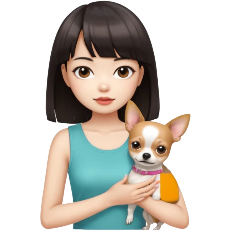 a pretty Asian girl, with hair bangs, pale skin, with manicure holding a chihuahua in her, with the attuidute of whatever" emoji