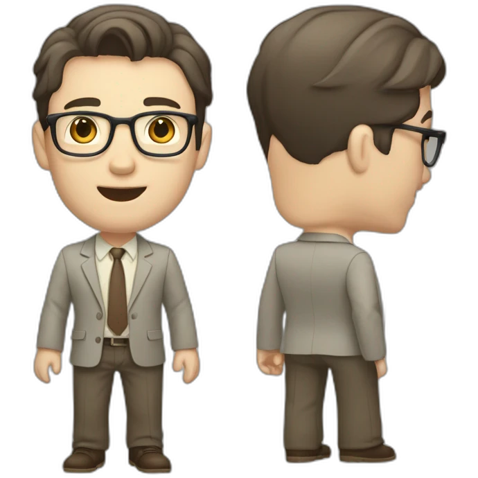 Full height Actively Gesturing Pale skinned fit man with dark brown hair in gray jacket, beige office shirt, brown tie, brown pants and vintage glasses. emoji