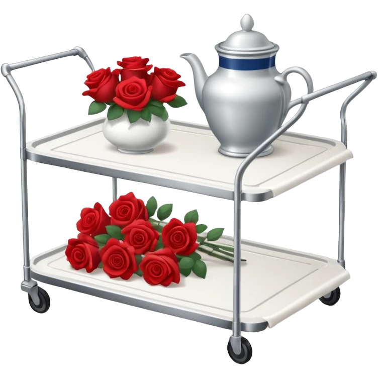 Room service trolley: A silver serving trolley with covered dishes, folded napkins, and a small flower vase. emoji