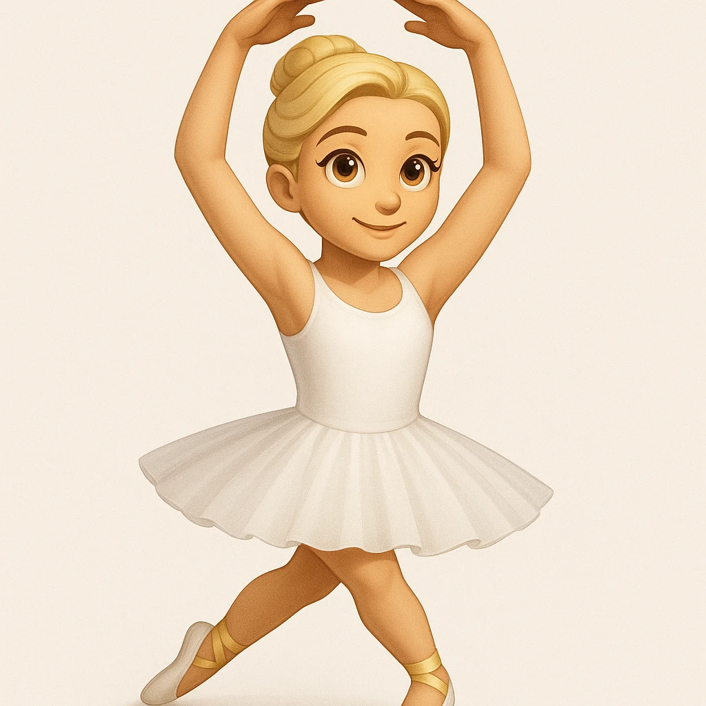 Create a ballet dancer in a white dress similar to the reference image, with arms raised above the head in a classic ballet pose. The dancer should look graceful and poised. emoji