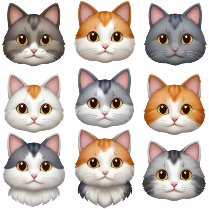 6 realistic looking cats with different natural coloured coats, assorted grey and white, greys, calico, brown and white colours etc
 emoji