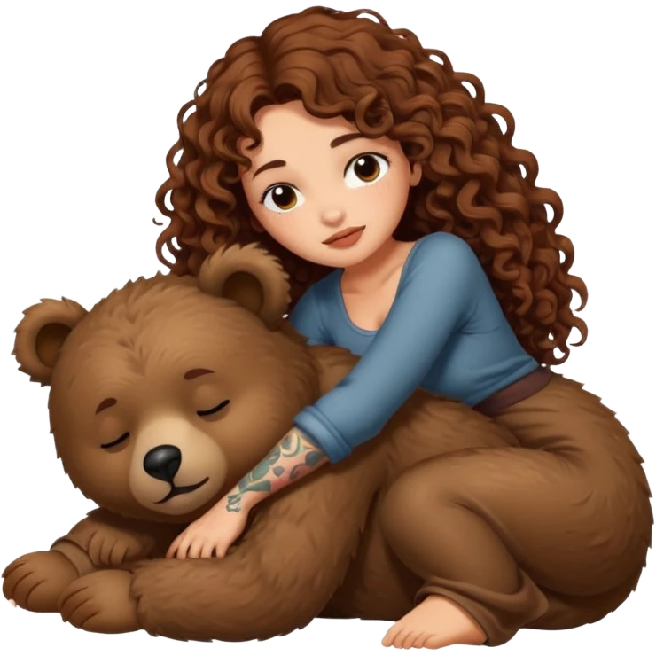 cute woman long curly brown hair tattoos riding sleepy bear emoji
