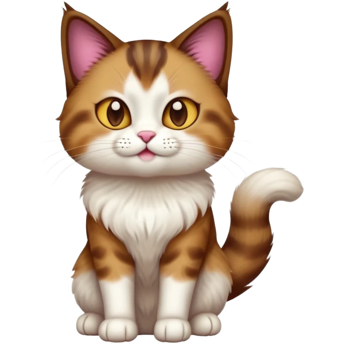 cinematic-[showshoe cat]-realistic-full-body-sitting-emoji,-tail-curled-playfully-around-its-paws,-head-tilted-dramatically,-fluffy-[brown and white]-fur,-simplified-yet-realistic-focused-features,-highly-detailed,-glowing-with-an-almost-sarcastic-glow emoji