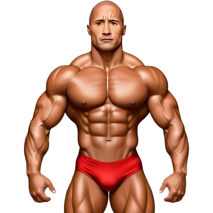 Dwayne Johnson, oiled and posing at the Mr. Universe bodybuilding championship, showcasing his muscular physique in an iconic display of strength. The background features the stage with judges and audience, capturing the intensity and prestige of the competition. Transparent background. emoji