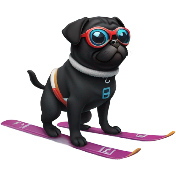 Black pug with a curly tail and goggles skiing on a snowy mountain emoji