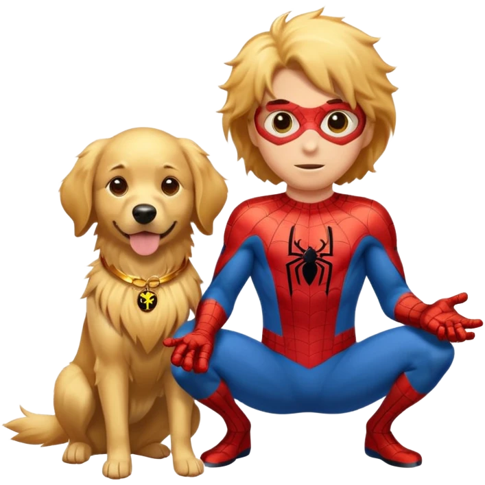 Spider-Man and his full spider outfit with the golden retriever with a golden emoji