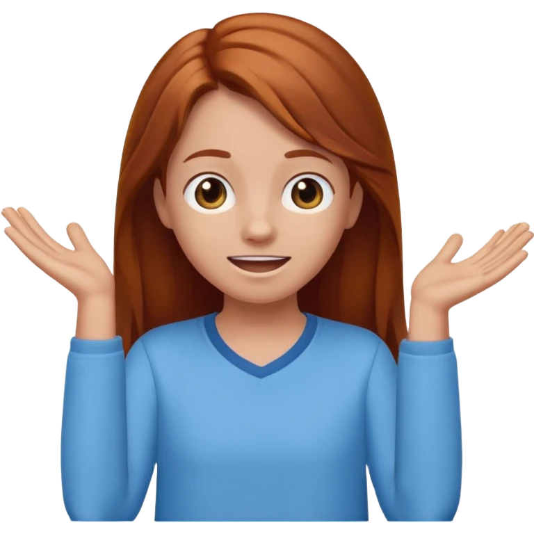 shrugging happy emoji tween long auburn hair light blue shirt with a darker blue L emoji