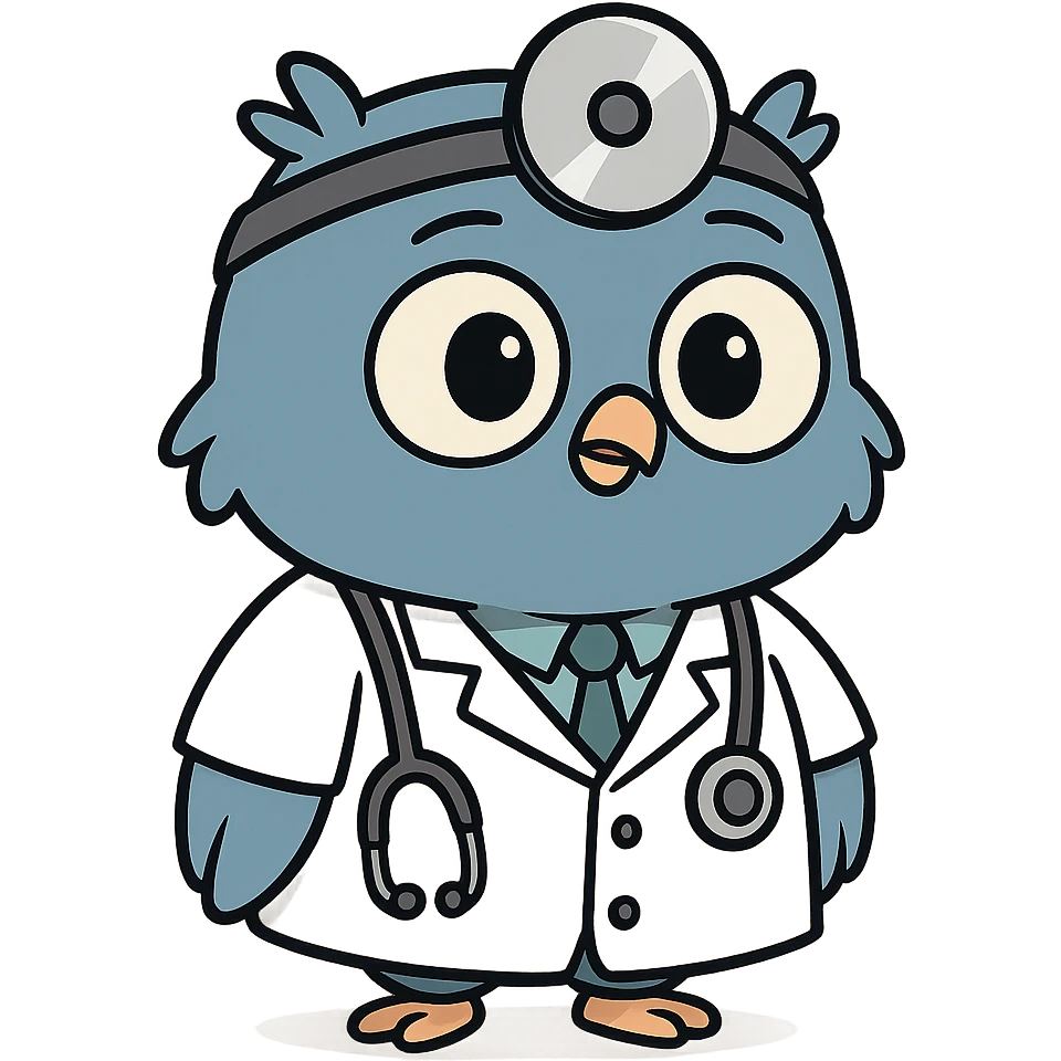 blue baby owl animated, wearing doctor uniform, cartoon style emoji