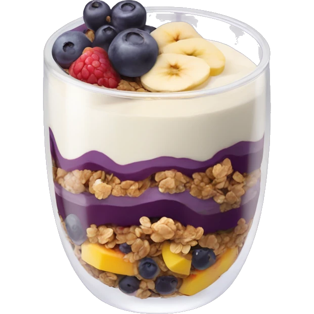 Açaí in a clear cup with layers of fruits and granola and condensed milk emoji