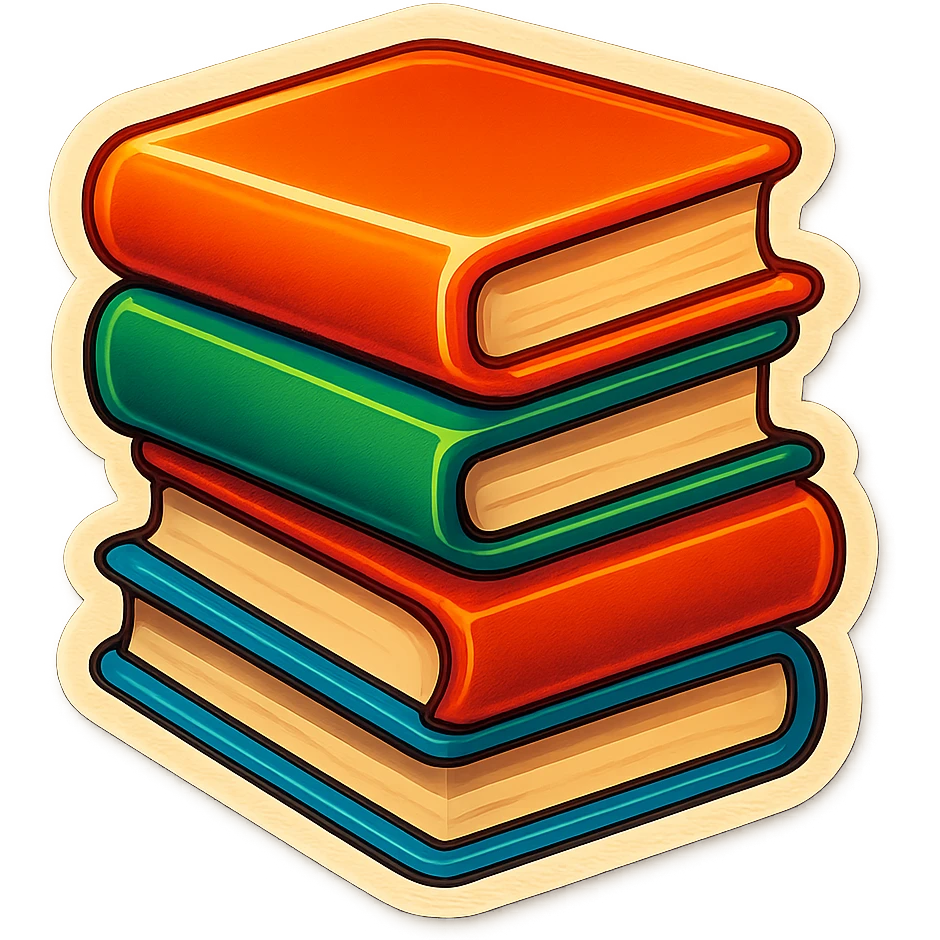 stack of books, retro stickers style, soft rounded shapes, expressive contours, vintage color palette, light paper texture, shadows and highlights, transparent background emoji