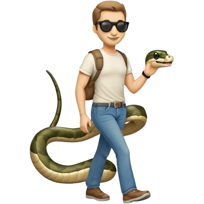 friendly anthropomorphised snake in jeans, t-shirt, dark sunglasses, walking with a smile emoji