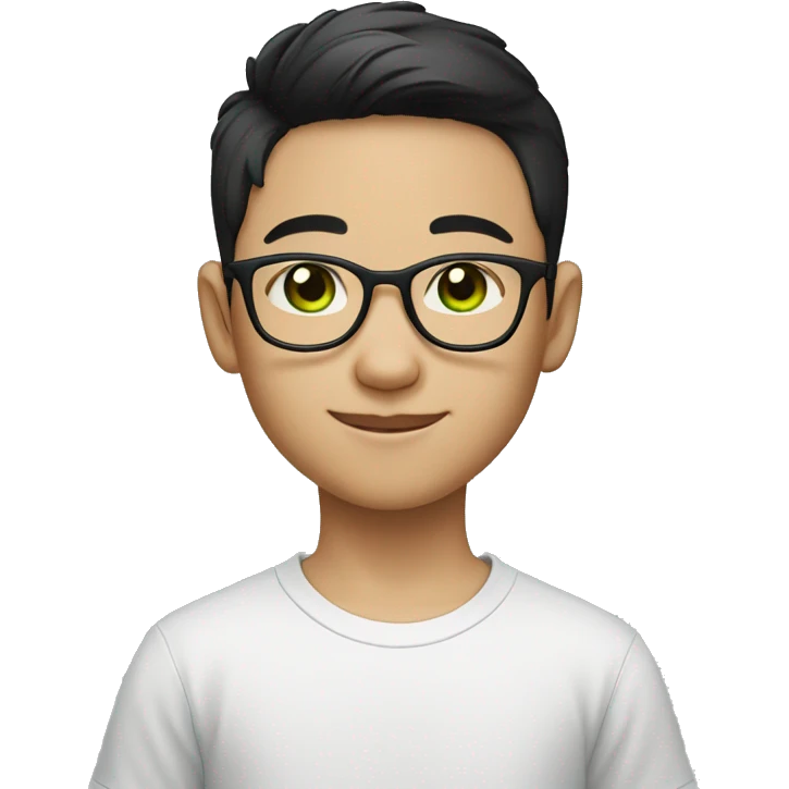 The young Chinese boy WITH GREEN EYES smiled with short hair, black-rimmed glasses and a black T-shirt. emoji