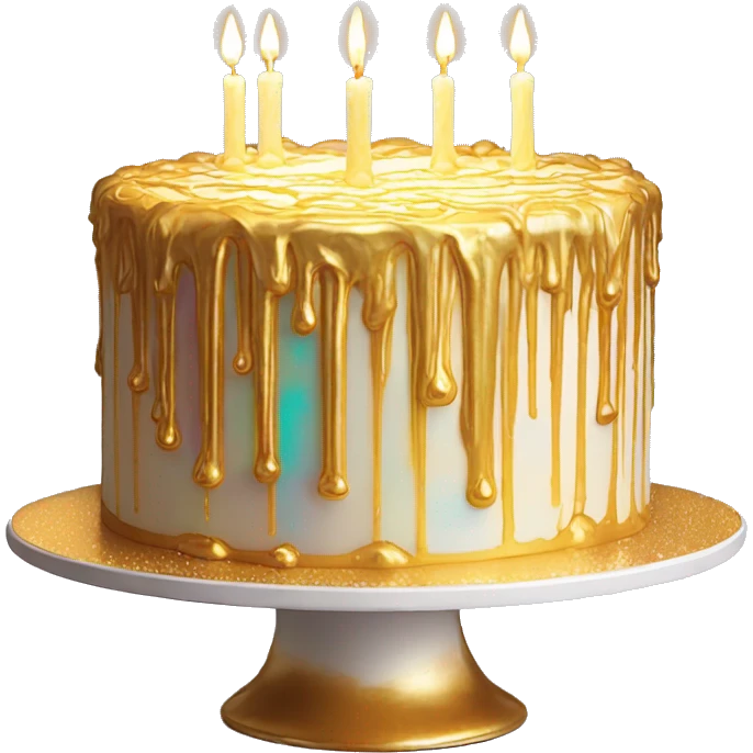Extravagant iridescent gold drizzle birthday cake glowing candles emoji