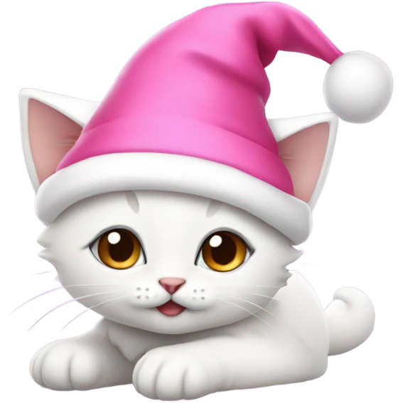 Cute White kitten wearing pink Santa hat and pink Santa clothes emoji