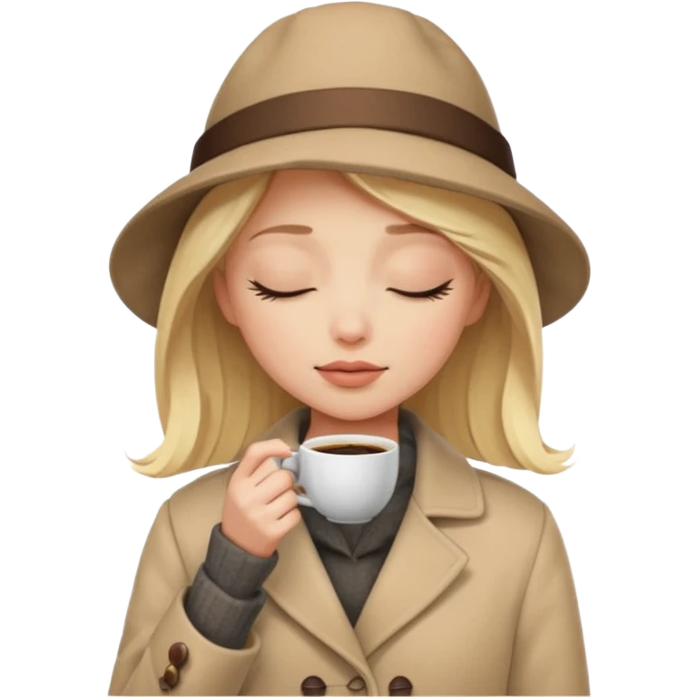 Blonde girl with white skin and eyes closed, wearing a clod ge coat's hat who smells the coffee in her hand  emoji