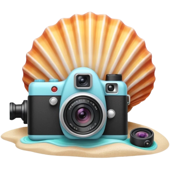 A seashell with a tiny camera next to it, symbolizing capturing beach memories. Playful, modern emoji style, soft pastel colors, white background. emoji