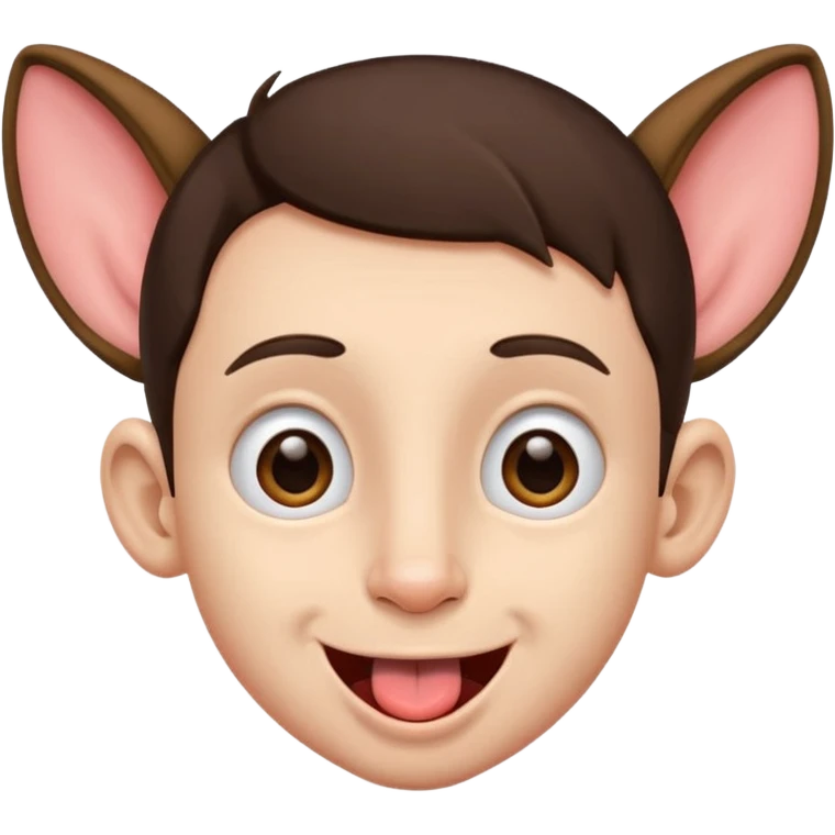 a brunette boy with small eyes with big human ears and with his tongue out emoji