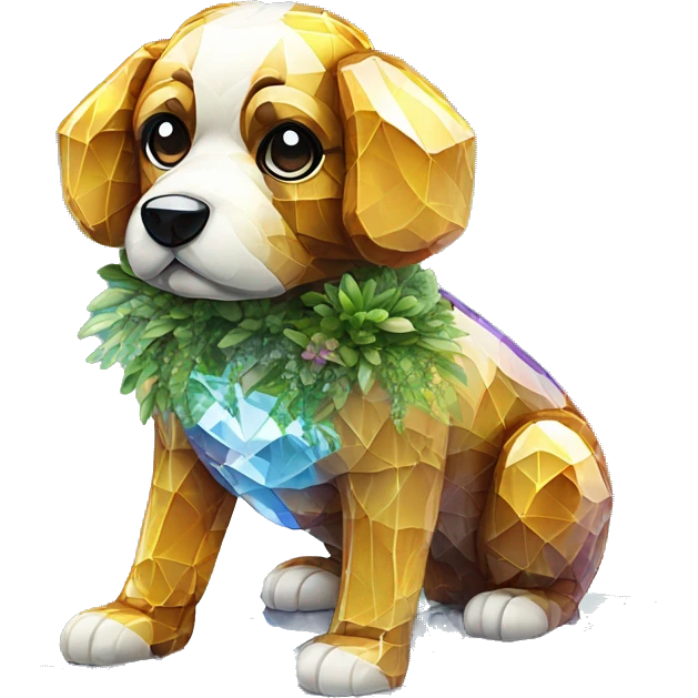 A dog made entirely of glass mirror crystals prisms glass transparent filled with plants as a terrarium emoji