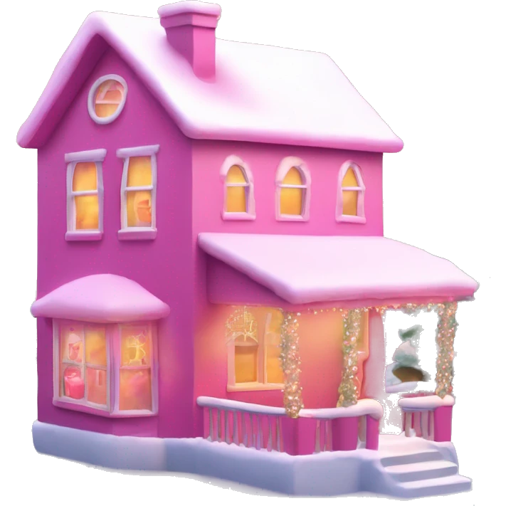 A pink house with a pink Christmas tree, pink snow, pink Santa Claus with a pink hat, pink snowman wrapped with the scarf around his neck and a pink hat, smiling the house have lights decorated around with a Christmas tree in the middle of the window emoji