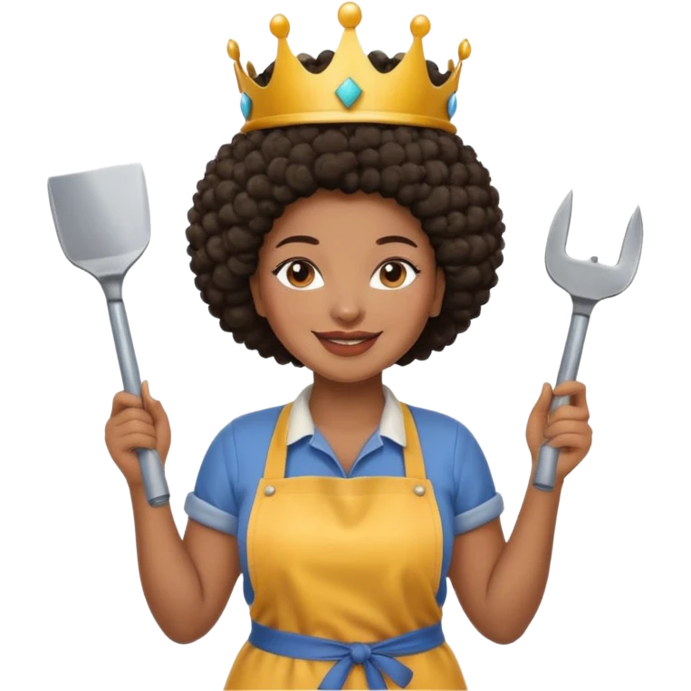 Mujer curvy afro, con vestimenta cómoda y delantal,con una corona sobre su cabeza y sonrisa contagiosa. En la mano herramientas de construcción emoji