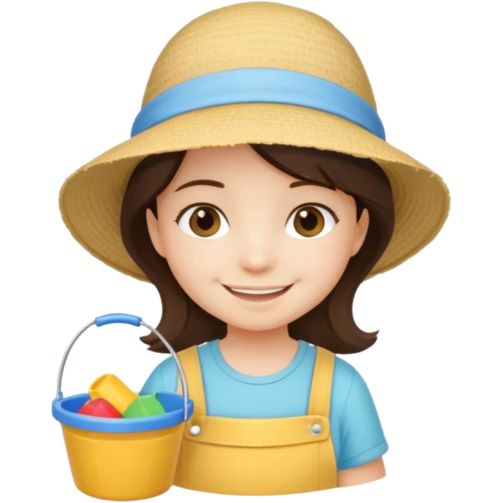 brunet kid girl with toy sand bucket wear sun hat emoji