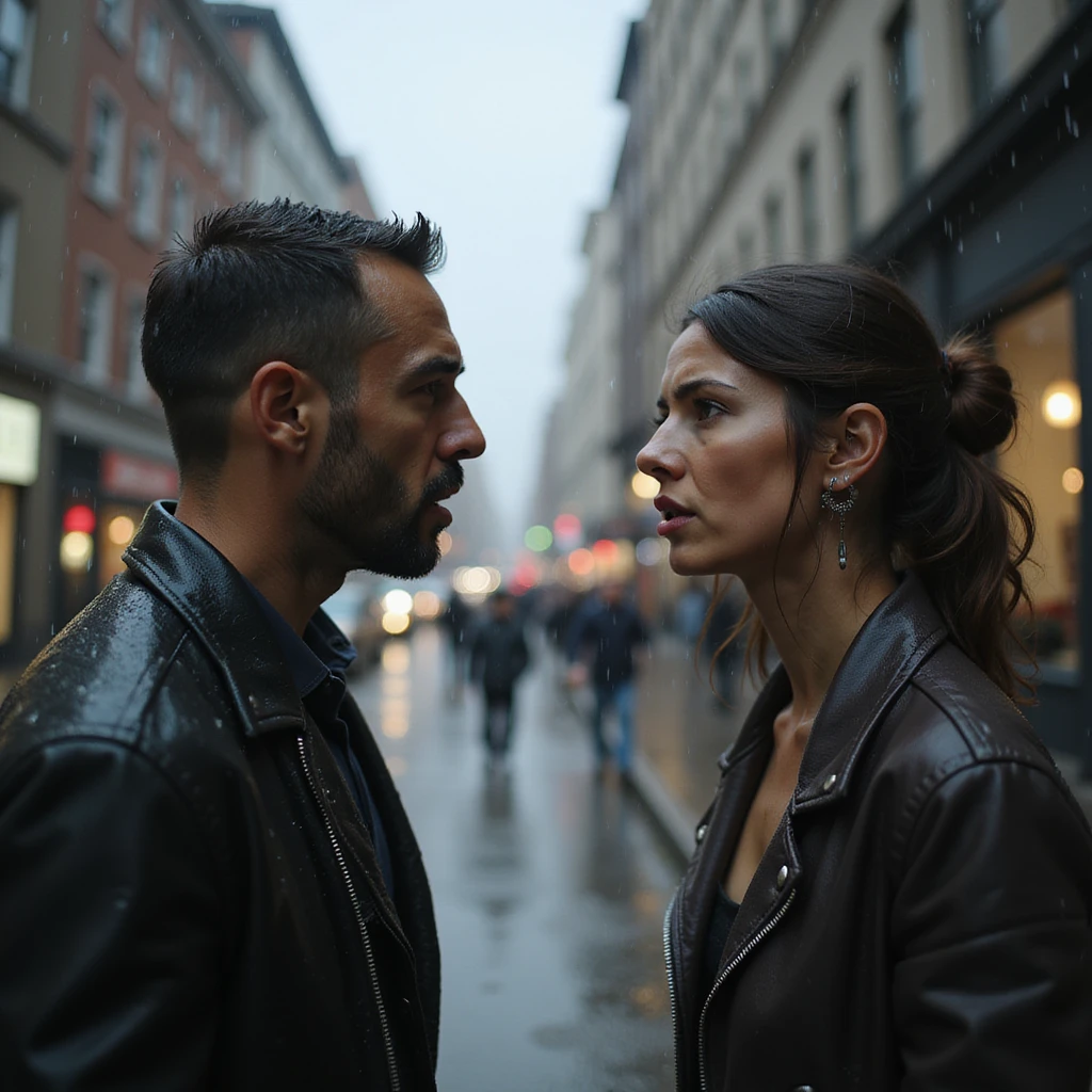 Couple arguing on the street under the rain, heated gestures, angry and frustrated faces, urban atmosphere, hyperrealistic details, 4K resolution emoji