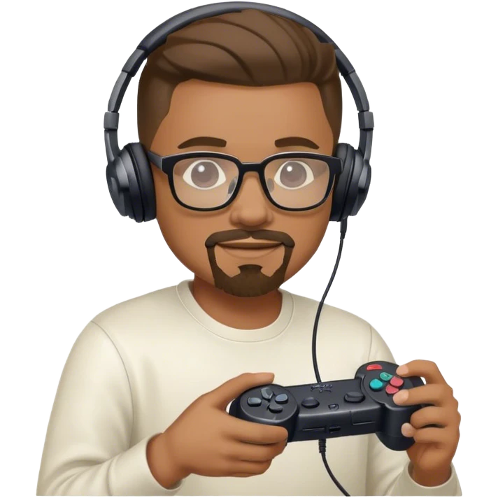 Muchacho guapo tez moreno claro con barba de candado con lentes con audífonos jugando playstation emoji