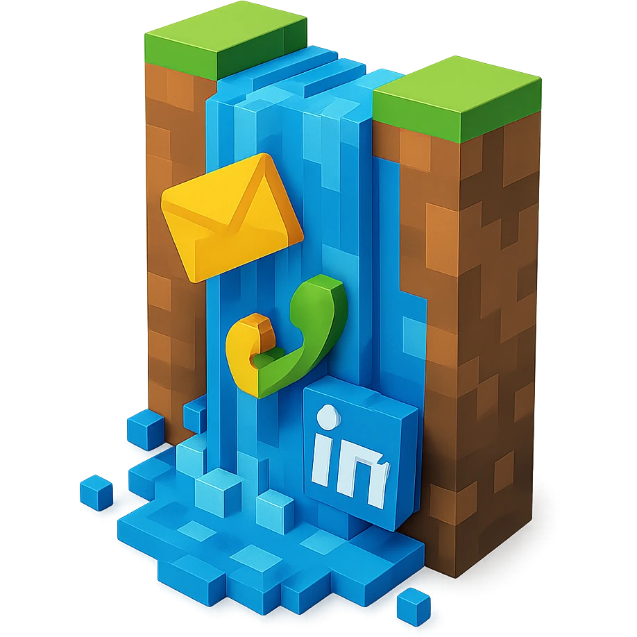 waterfall where instead of water icons of email envelope, phone headset and linkedin logo is falling emoji