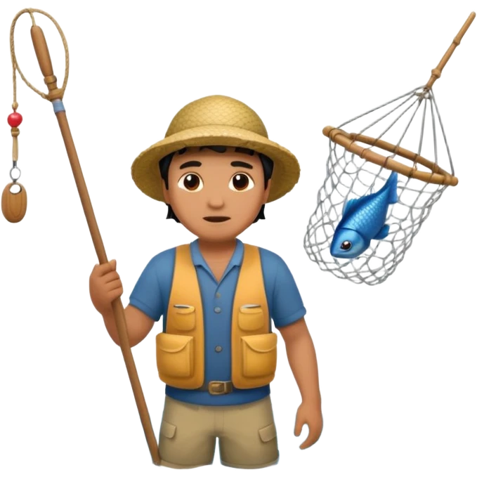 A Polynesian fisherman standing in the water with a net full of fish. The fisherman has empty hands and is standing in the water. emoji