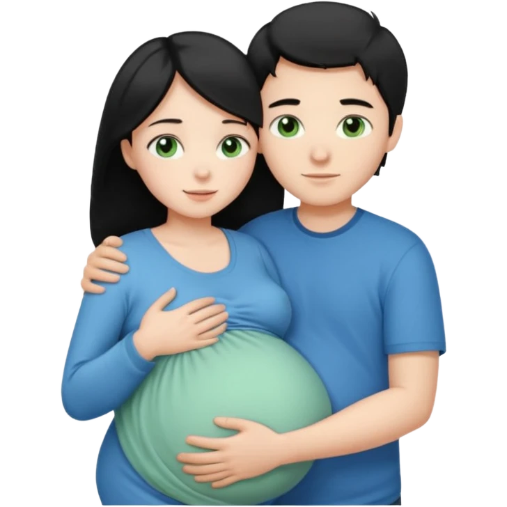 Make a couple hugging the girl is white with long black hair with blue eyes. The girl is hugging a boy with light brown short hair with green eyes. The boz is pregnant  emoji