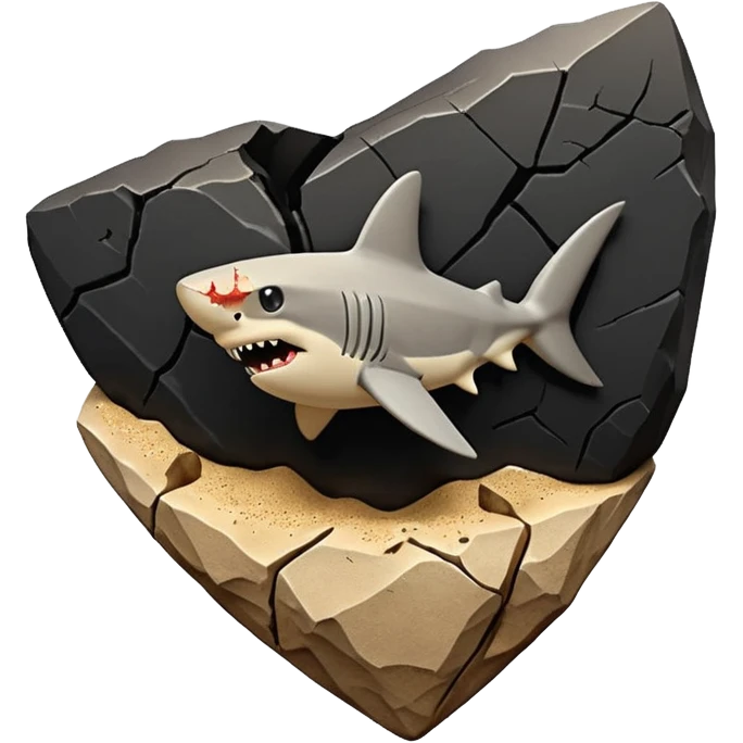 3D render of Shark Tooth, embedded in a chunk of rough sedimentary rock, cracked stone texture, ancient fossil aesthetic, shiny black enamel tooth embedded in beige sand, matte dry finish, Apple emoji style, isolated on white background --v 6.0, only shark teeth emoji
