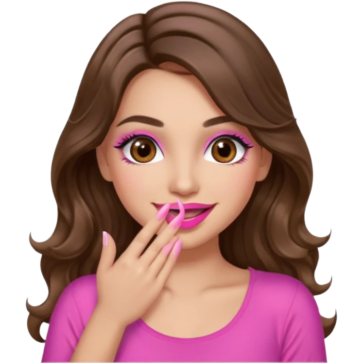 girl with long wavy brown hair, brown eyes, long lashes makeup, sexy pink lips, light to medium complexion, pink sexy top, smiling, hand covering  emoji