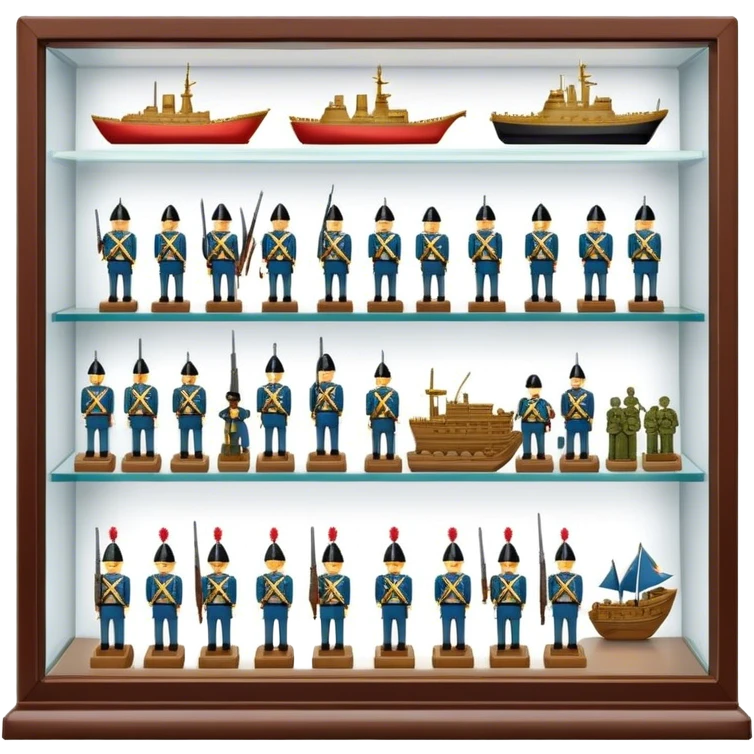 Icon for Miniature Collecting: a collection of finely detailed miniature items such as tiny colorful army of soldiers, ships and accessories, neatly displayed on a shelf or in a display case. The icon should convey the intricacy and charm of collecting miniature objects. Transparent background. emoji