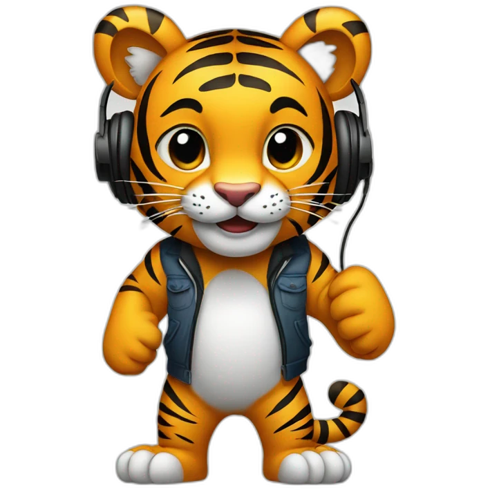tiger standing on 2 feet wearing headphones emoji