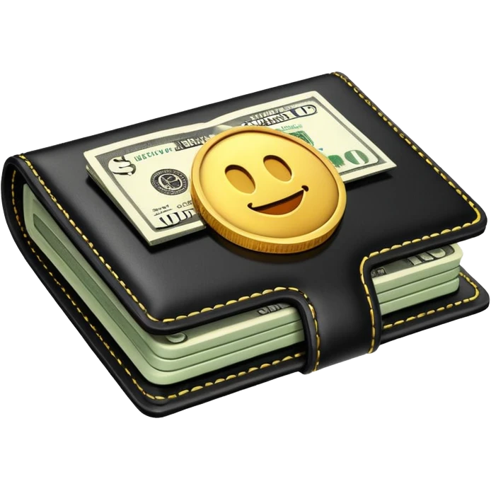 Rich emoji style black leather wallet with dollar bills, luxury money vibe, premium 3D emoji, ultra clean, high detail, no background
 emoji