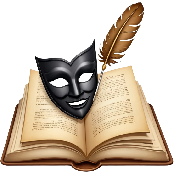 An icon featuring an open book with flowing pages, a feather quill, and classic literary symbols like a theater mask and inkwell. The design includes a subtle parchment background with faint text lines, symbolizing the study of literature. Transparent background emphasizes creativity and analysis. emoji