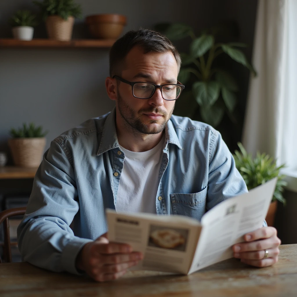 realistic 28-year-old man searching for information on the internet or reading a brochure about celiac disease, puzzled look, domestic environment emoji