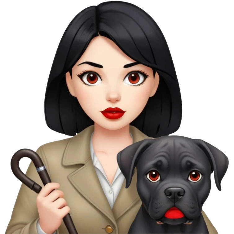 Fashionable girl with black hair and red lips with a Cane Corso dog emoji