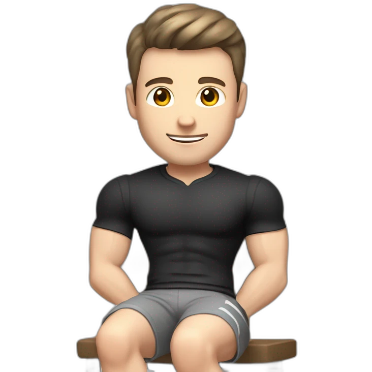 Pale skinned Fit Man With the biceps and dark brown hair in black shirt, gray sports shorts and white Sneakers Sitting on a chair emoji