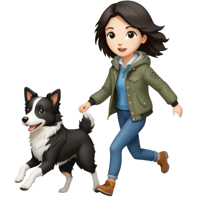 A beautiful girl with fair skin wearing a jacket chasing a Border Collie emoji