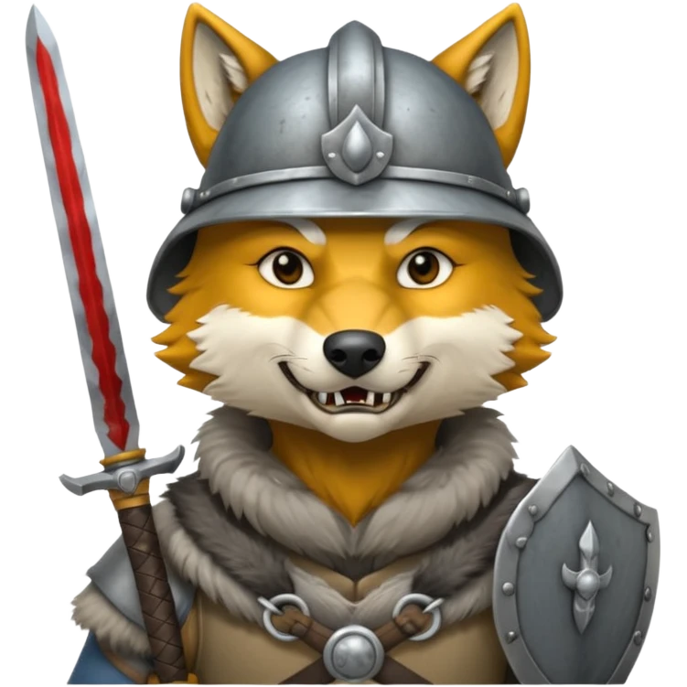 wolf face, mogolian ancient hold small sword front and steel helmet emoji