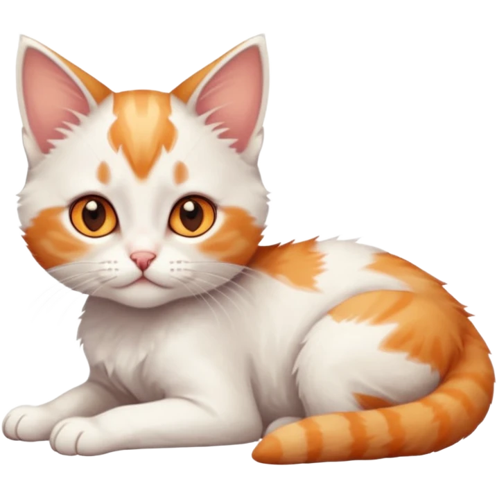 full body of very small + skinny ginger and white kitten with deep orange eyes and triangular shaped face lying down with bent front paws emoji