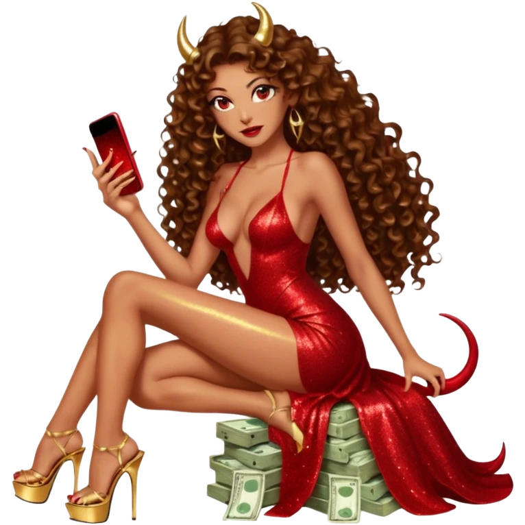 Sexy, playboy stripper woman brown curly long  hair half naked sensual devil horns red glitter dress with slit, holding cash and a phone  while she is sitting  top of gold wearing tall platform heels emoji