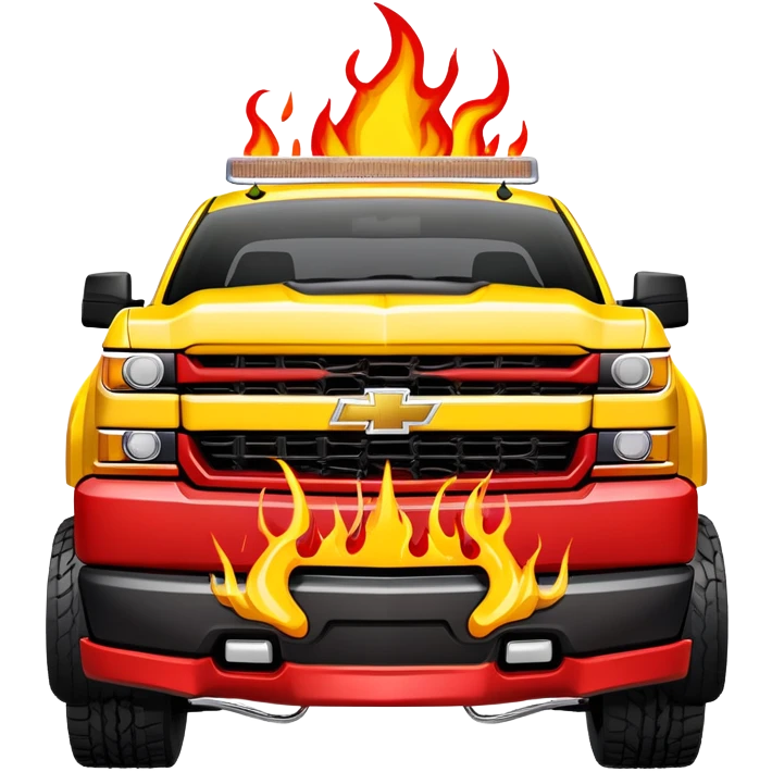 Yellow Chevrolet Silverado with custom red flame artwork specifically on the front bumper, hood remains plain yellow, authentic Kill Bill truck design, 30-degree angle, iOS emoji style emoji