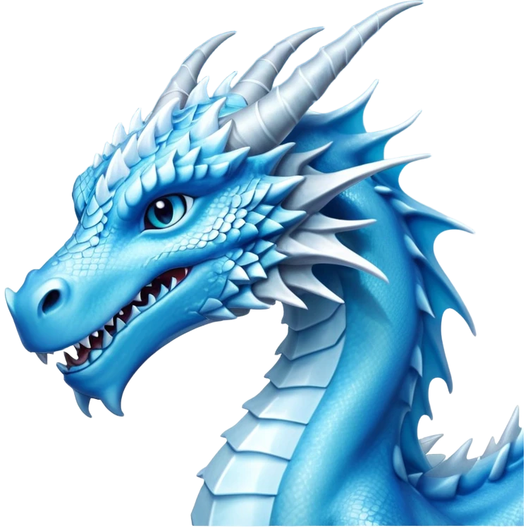 Cinematic Noble elegant Ice Dragon Portrait Emoji, Poised and imposing, distinct long elegant snout, with a slender, scaled body shimmering in glacial hues of icy blue, frostbitten silver, and crystalline white, breathing out frost, with piercing, glowing ice blue white eyes that radiate the chilling depths of an arctic storm; rendered in detail. emoji