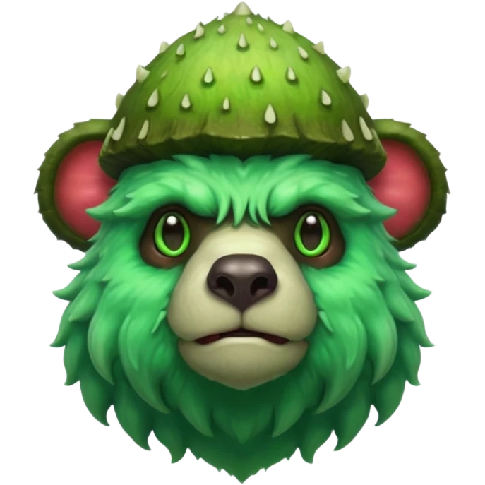 poisonous mushroom bear monster portrait, head and shoulders only, bear-like face, mushroom cap horns, toxic green aura, fluffy neck fur, fantasy beast style, 3D cartoon, mobile game icon style, clean background, no text, no watermark

 emoji