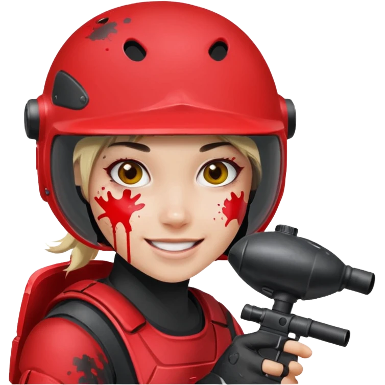 girl playing paintball with red paintball gear and only face emoji